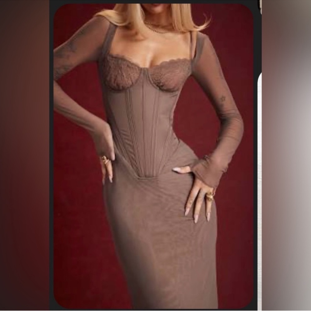 House of CB Taupe Long Sleeve Midi Dress Brand new! - Picture 2 of 4